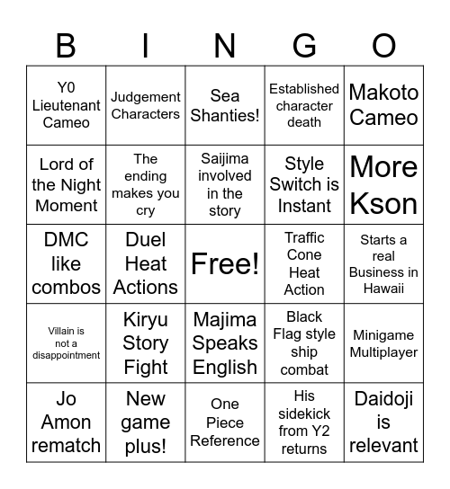 Pirate Yakuza Bingo Card