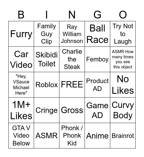 YT SHORTS Bingo Card