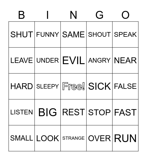 Synonym & Antonym Bingo Card