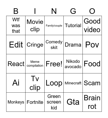 YouTube shorts bingo Card