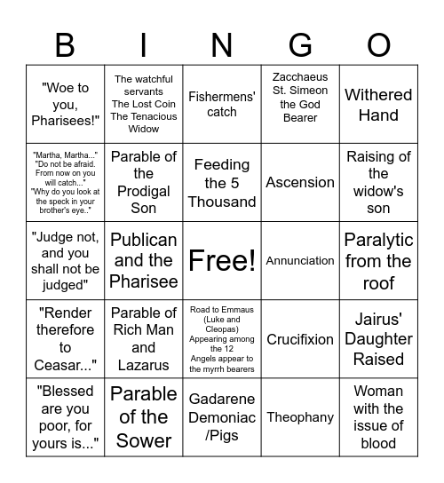 Gospel of Luke Bingo Card