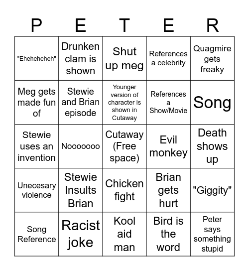 Family Guy Bingo Card