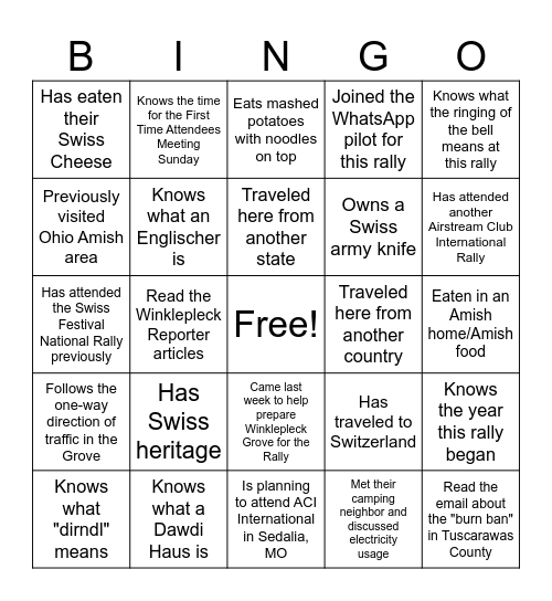 Swiss Festival National Rally 2024 Bingo Card