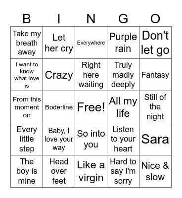 80s and 90s love songs Bingo Card