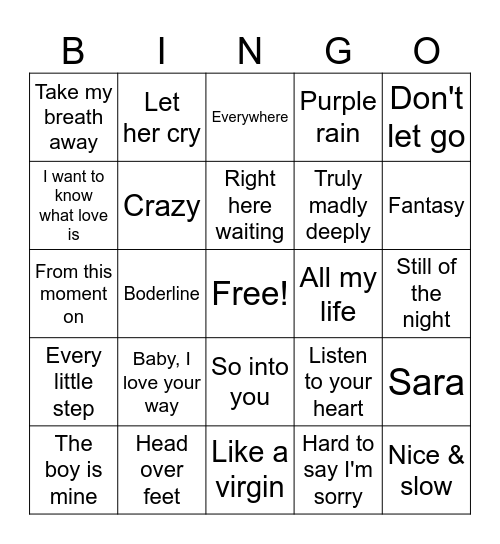 80s and 90s love songs Bingo Card