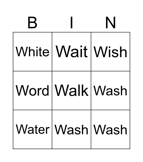 Find the word ( wash) Bingo Card