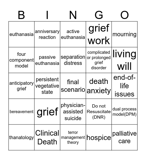Dying and Bereavement Bingo Card