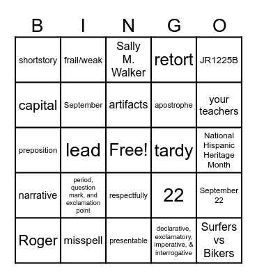 7th Grade Bingo Card