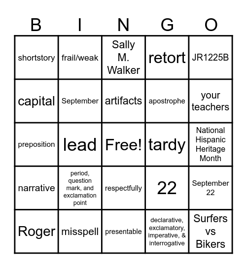 7th Grade Bingo Card