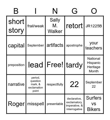 [7th Grade Review] Bingo Card