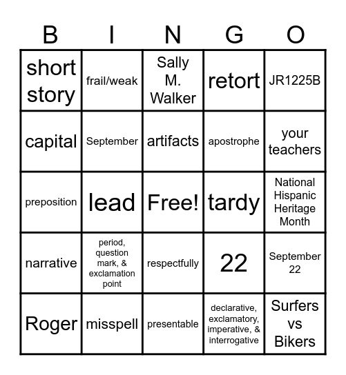 [7th Grade Review] Bingo Card