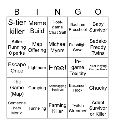 DBD SURVIVOR BINGO! Bingo Card