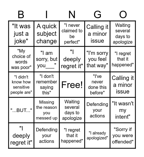 Crappy Apology BINGO Card