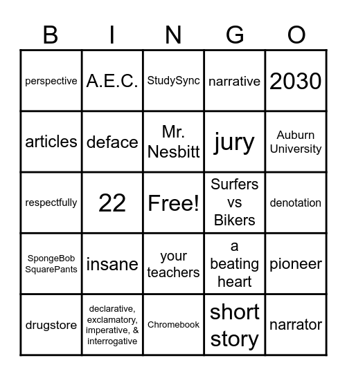 [8th Grade Review] Bingo Card