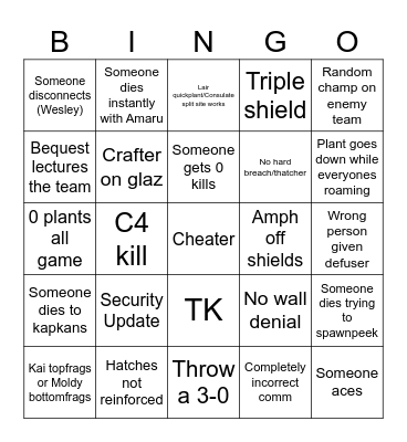 Siege Bingo Card