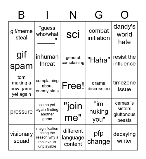 Cema + Tom bingo Card