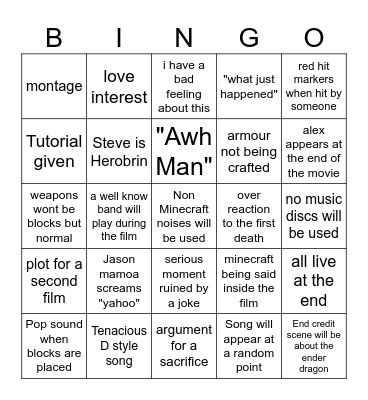 Minecraft Movie Bingo Card