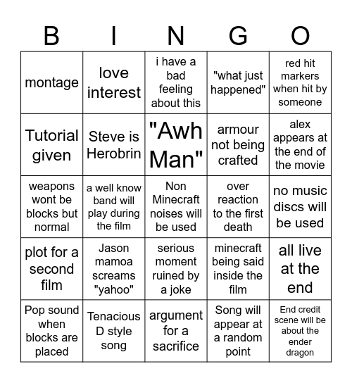 Minecraft Movie Bingo Card