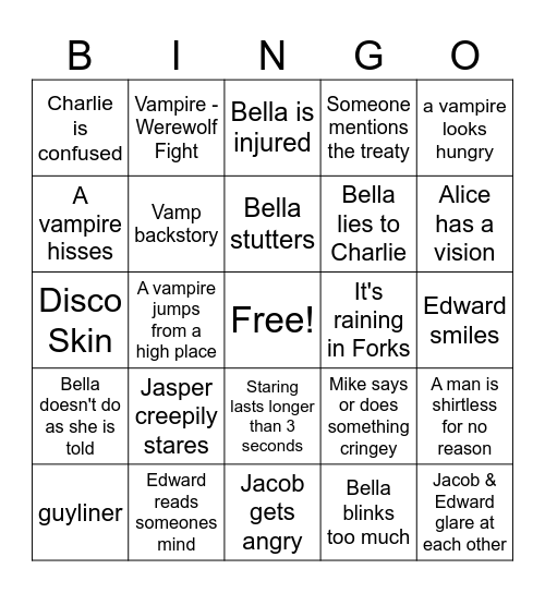 Twilight Saga Bingo Card