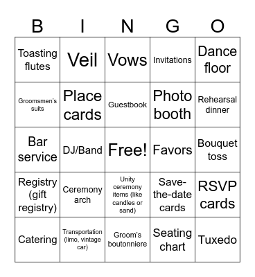 Wedding Bingo Card