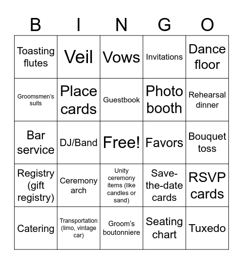 Wedding Bingo Card