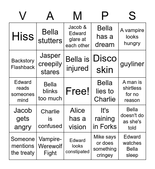 Twilight Saga Bingo Card