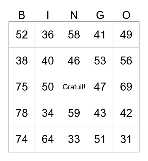 Numéros 30-79 Bingo Card
