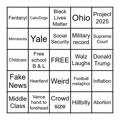 2024 V. P.  DEBATE BINGO Card