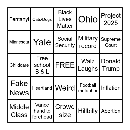 2024 V. P.  DEBATE BINGO Card