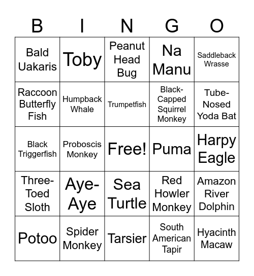 Animal Bingo Card