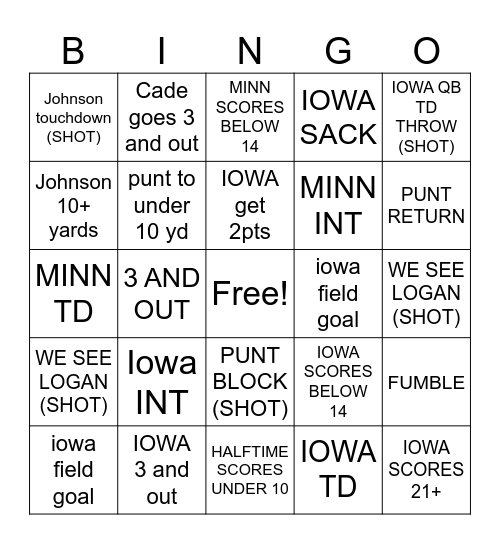 IOWA vs MINN Bingo Card