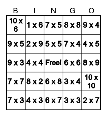 Multiplication Bingo Card