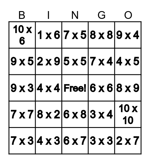 Multiplication Bingo Card