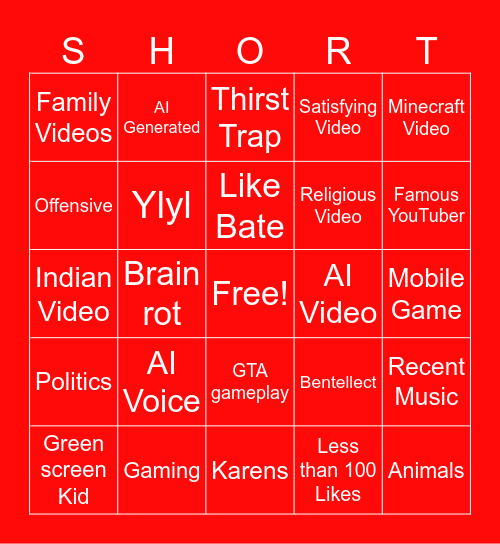 YouTube Shorts Bingo Card