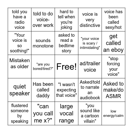 deep voice bingo: male Bingo Card