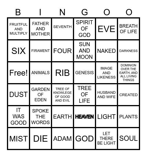 Genesis 1 & 2 Bingo Card