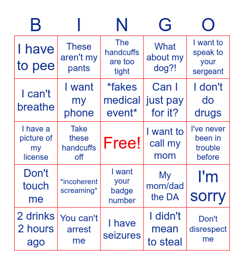 Body Cam Bingo Card