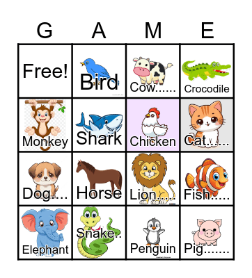 Bingo animals Bingo Card