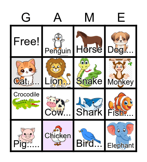 Bingo animals Bingo Card