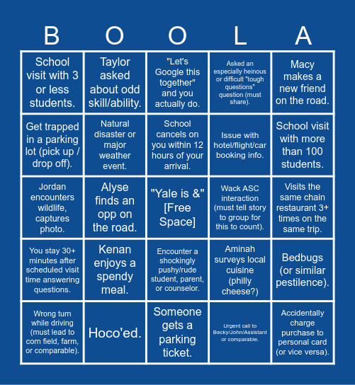 Fall 2024 Pt. 2 - Newbie Road Shenanigans Bingo Card