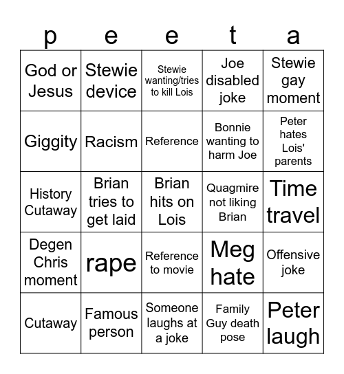 Family Guy Bingo Card