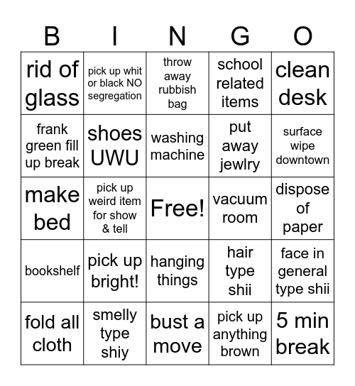 room clean baddie Bingo Card