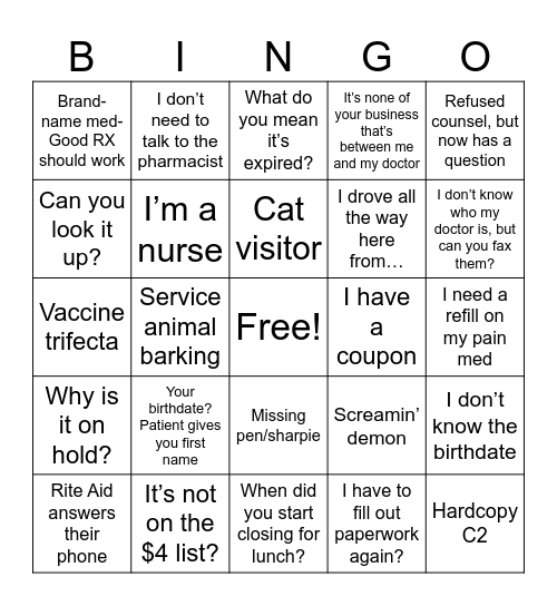 Pharmacy Bingo Card
