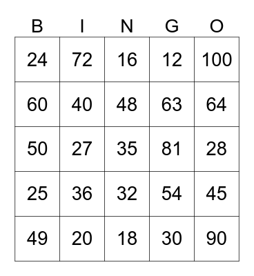 Multiplication Bingo Card