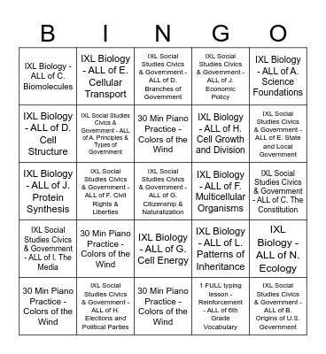 RUBY 9/23 to 9/28 Bingo Card