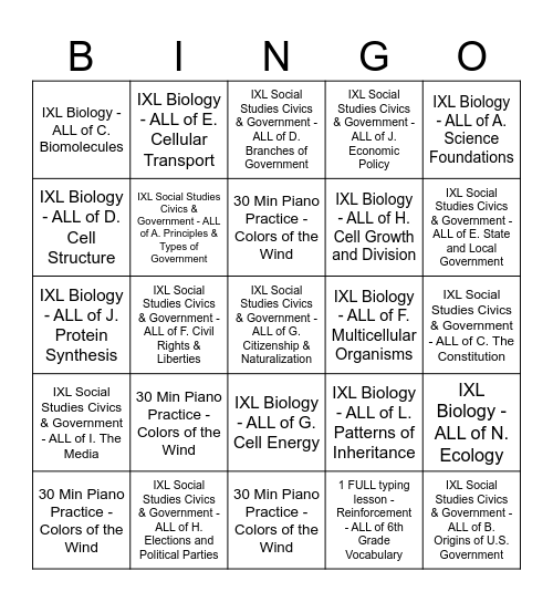 RUBY 9/23 to 9/28 Bingo Card