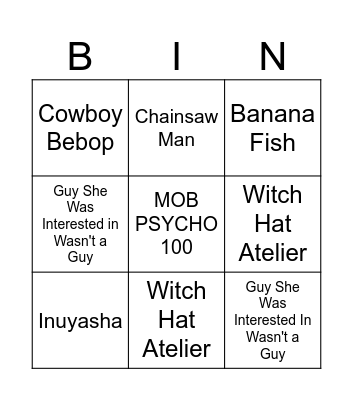 Meegan's Anime Bingo Card