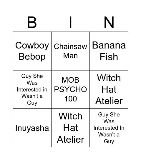 Meegan's Anime Bingo Card