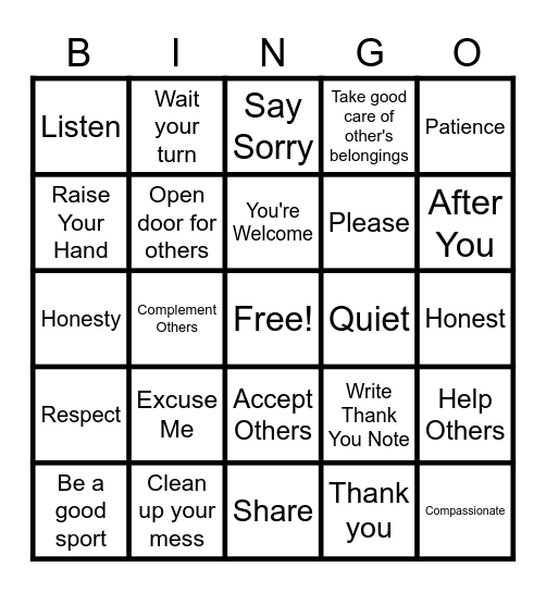 Manners Bingo Card