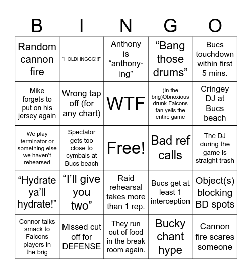 Bucs vs Falcons 10/27 Bingo Card